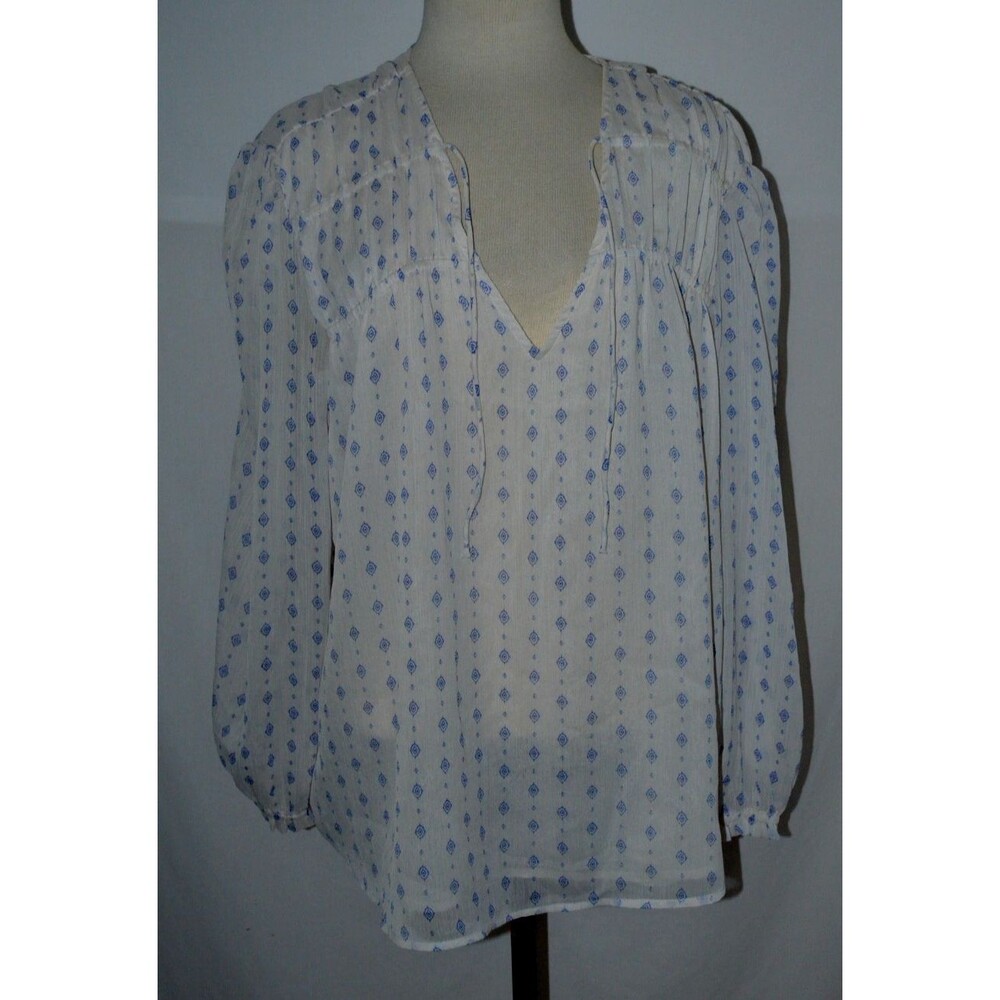 Old Navy Chiffon Peasant Top XL Off White Blue Geometric Boho Sheer Lined NEW